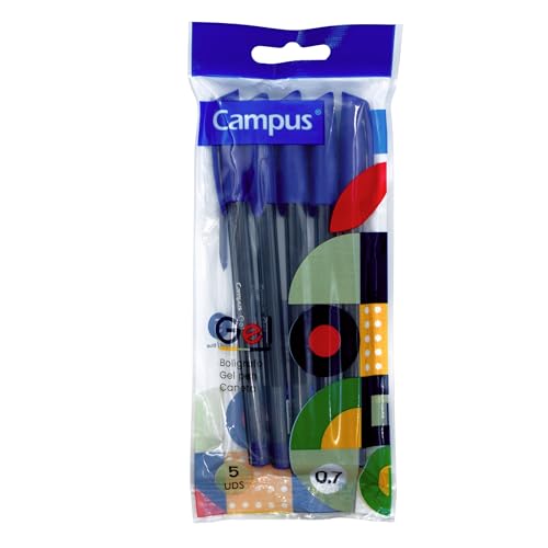 Campus 5 Gelschreiber, blaue Geltinte, 5 Gelschreiber mit 1 mm Spitze und 0,7 mm Strichstärke, Gel-Tinte, Kugelschreiber mit Kapuze für Büro und Schulbedarf von Campus