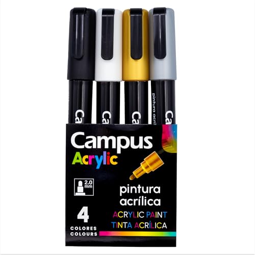 Campus Acrylstifte, Packung mit 2 mm Rundspitze, nicht-permanenter Marker auf Wasserbasis, deckende und schnell trocknende Acrylstifte (4 Metallfarben) von Campus