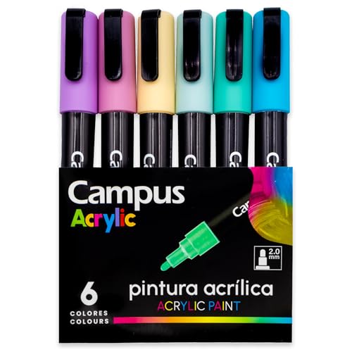 Campus Acrylstifte, Packung mit 2 mm Rundspitze, nicht-permanenter Marker auf Wasserbasis, deckende und schnell trocknende Acrylstifte (6 Pastellfarben) von Campus