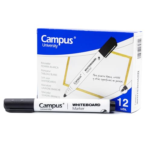 Campus Whiteboard-Marker mit konischer Spitze von 2 mm, ideal zum Schreiben auf Glas, Whiteboards und anderen glatten Oberflächen (Schwarz, 12 Stück) von Campus