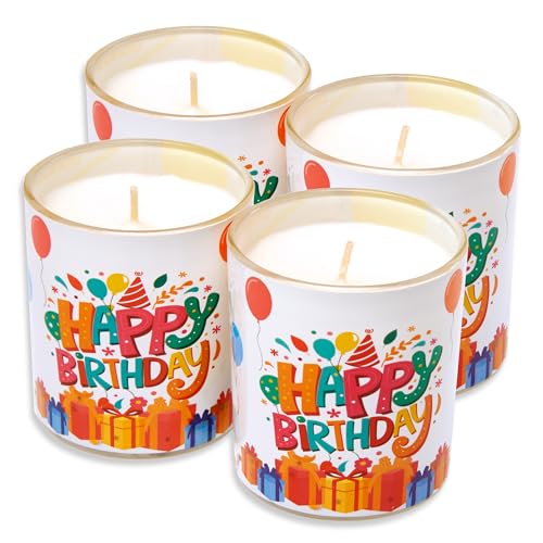 Candelo 4er Set Hochwertige Geburtstagskerzen im Glas Ambiente – Happy Birthday Kerze – 8 x 7cm - 30 Std Brenndauer – Windlicht Glaskerze ohne Duft – Kindergeburtstag Dekoration von Candelo