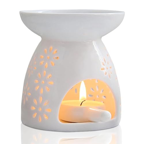 Candeon Keramik Duftlampe Teelichthalter, Weiß Aromalampe Teelicht Kerzenhalter, Mini Duftlampe Teelicht Duftlicht ätherische öle Brenner Aromabrenner Für Duftwachs Und Duftöl (Blumen) von Candeon