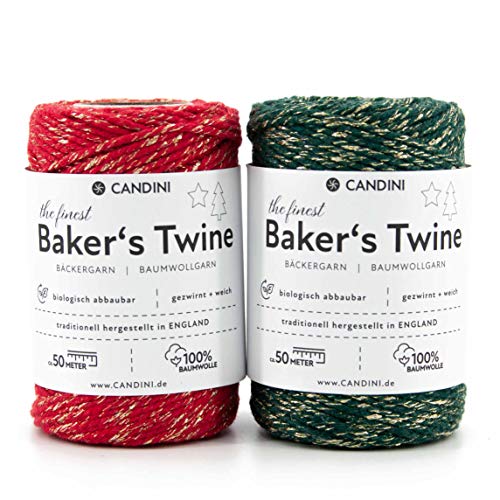 Candini Bäckergarn Gold | Rot / Grün Set | 2 x 100m | weiches Bastelgarn aus Baumwolle - Premium Qualität aus England - Bakers Twine, Bastelschnur, Baumwollschnur, Geschenkband von Candini