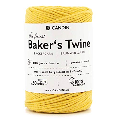 Candini Bäckergarn gelb - weiches Bastelgarn aus reiner Baumwolle, 50m - Premium Qualität - Baker's Twine Bastelschnur, Geschenkband - Made in England von Candini