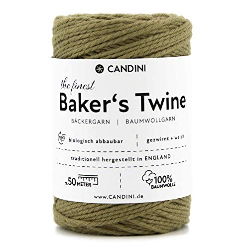 Candini Bäckergarn oliv grün - weiches Bastelgarn aus reiner Baumwolle, 50m - Premium Qualität - Baker’s Twine Bastelschnur, Geschenkband - Made in England von Candini