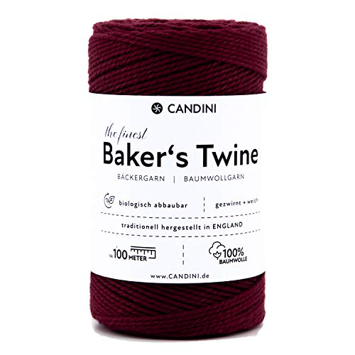 Candini Bäckergarn rot bordeaux - weiches Bastelgarn aus reiner Baumwolle, 100m - Premium Qualität - Baker’s Twine Bastelschnur, Geschenkband - Made in England von Candini