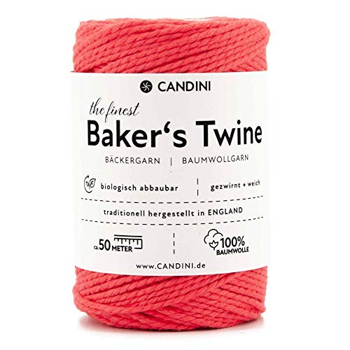 Candini Bäckergarn rot erdbeere - weiches Bastelgarn aus reiner Baumwolle, 50m - Premium Qualität - Baker’s Twine Bastelschnur, Geschenkband - Made in England von Candini