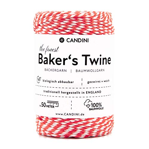 Candini Bäckergarn rot - weiß (erdbeere) - weiches Bastelgarn aus reiner Baumwolle, 50m - Premium Qualität - Baker’s Twine Bastelschnur, Geschenkband - zweifarbig - Made in England von Candini