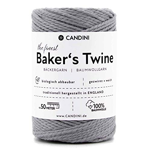 Candini Bäckergarn silber grau - weiches Bastelgarn aus reiner Baumwolle, 50m - Premium Qualität - Baker’s Twine Bastelschnur, Geschenkband - Made in England von Candini