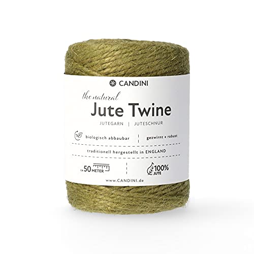 Candini Jutegarn - olivgrün, 50m Bastelschnur - ø 2-3mm reine Jute - Schnur Kordel | Premium Qualität - Made in England - Paketschnur, Dekoration, Garten, Verpackung von Candini