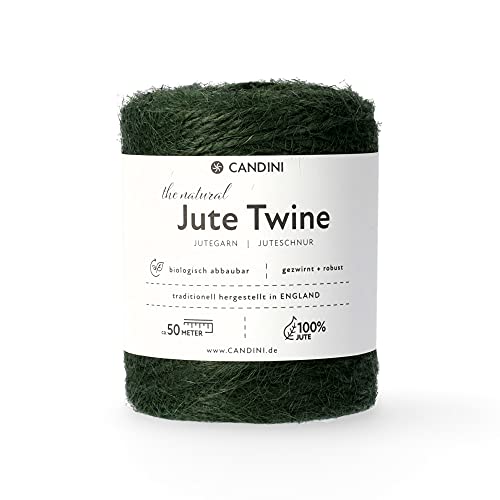 Candini Jutegarn - wald-grün, 50m Bastelschnur - ø 2-3mm Reine Jute | Jute - Schnur Kordel | Premium Qualität - Made in England - Paketschnur, Dekoration, Garten, Verpackung von Candini