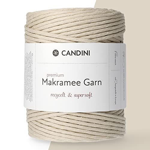 Candini Premium Makramee Garn Mandel, 4mm x 200m, 100% recycelte Baumwolle, gezwirnt Single-Twisted, Baumwollgarn für Macrame in beige, Creme, Ivory von Candini