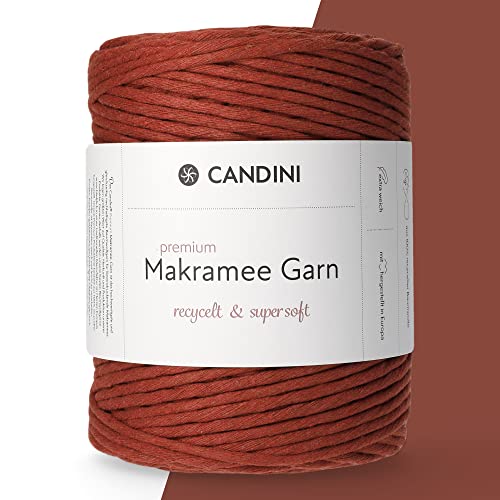 Candini Premium Makramee Garn Terracotta, 4mm x 200m, 100% recycelte Baumwolle, gezwirnt Single-Twisted, Baumwollgarn für Macrame in Terracotta, rot-braun von Candini