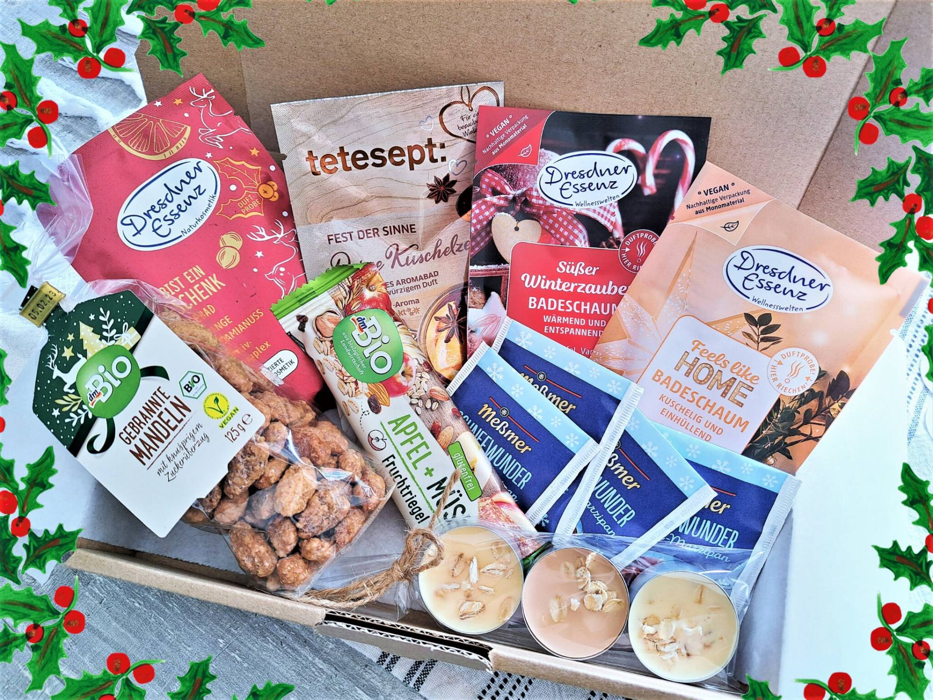 Weihnachtsgeschenk-Box, Winter-Süßigkeiten-Snacks-Korb, Duftkerzen, Badesalz Spa-Self-Care-Kit, Weihnachts-Leckereien, Gute von Candlesandcandy