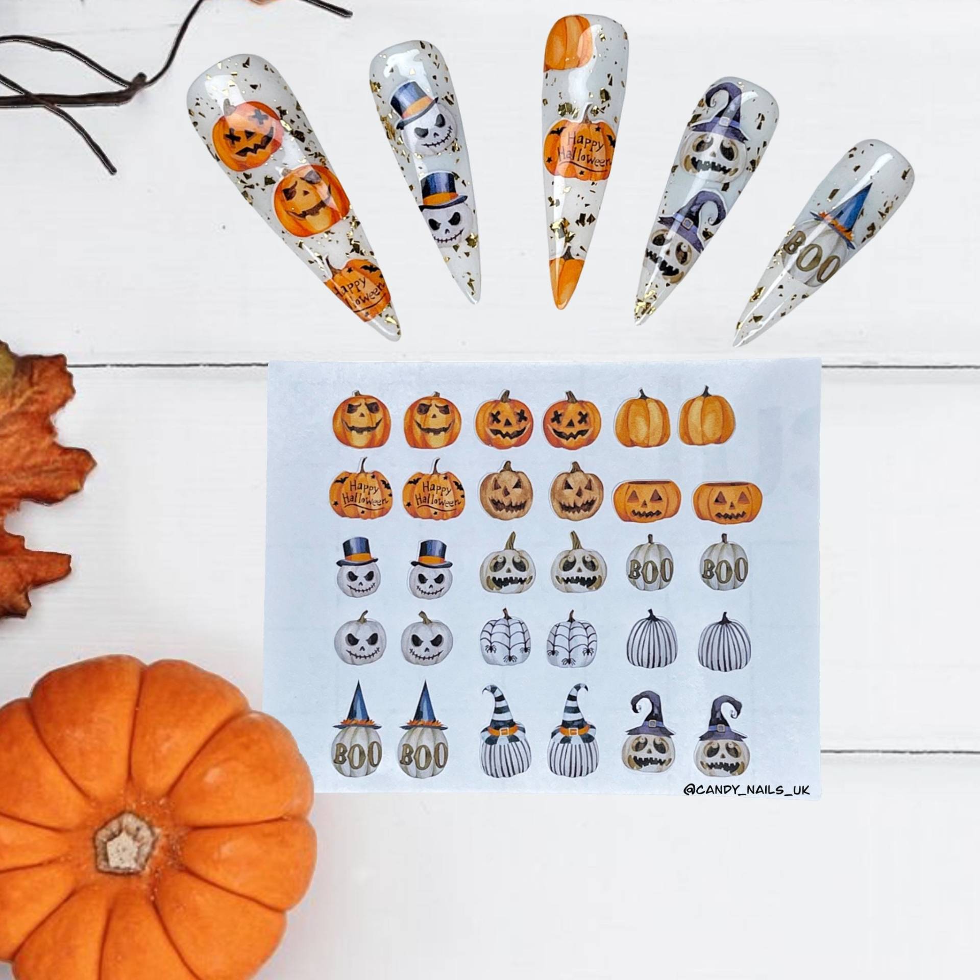 Selbstklebende Nagel Aufkleber/Vinyls Halloween Kürbis Herbst Erntezeit von CandyNailsUk