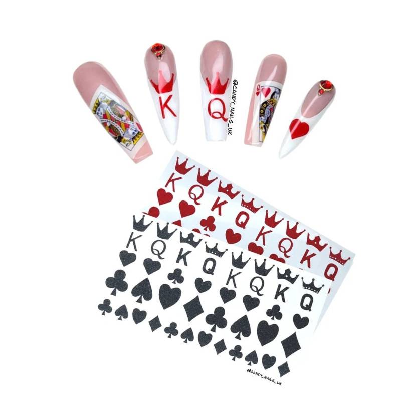 Selbstklebende Nailart Aufkleber/Vinyls Valentinstag Liebe Nägel Rot Schwarz Niedliche Herz Herzen Krone König Königin von CandyNailsUk