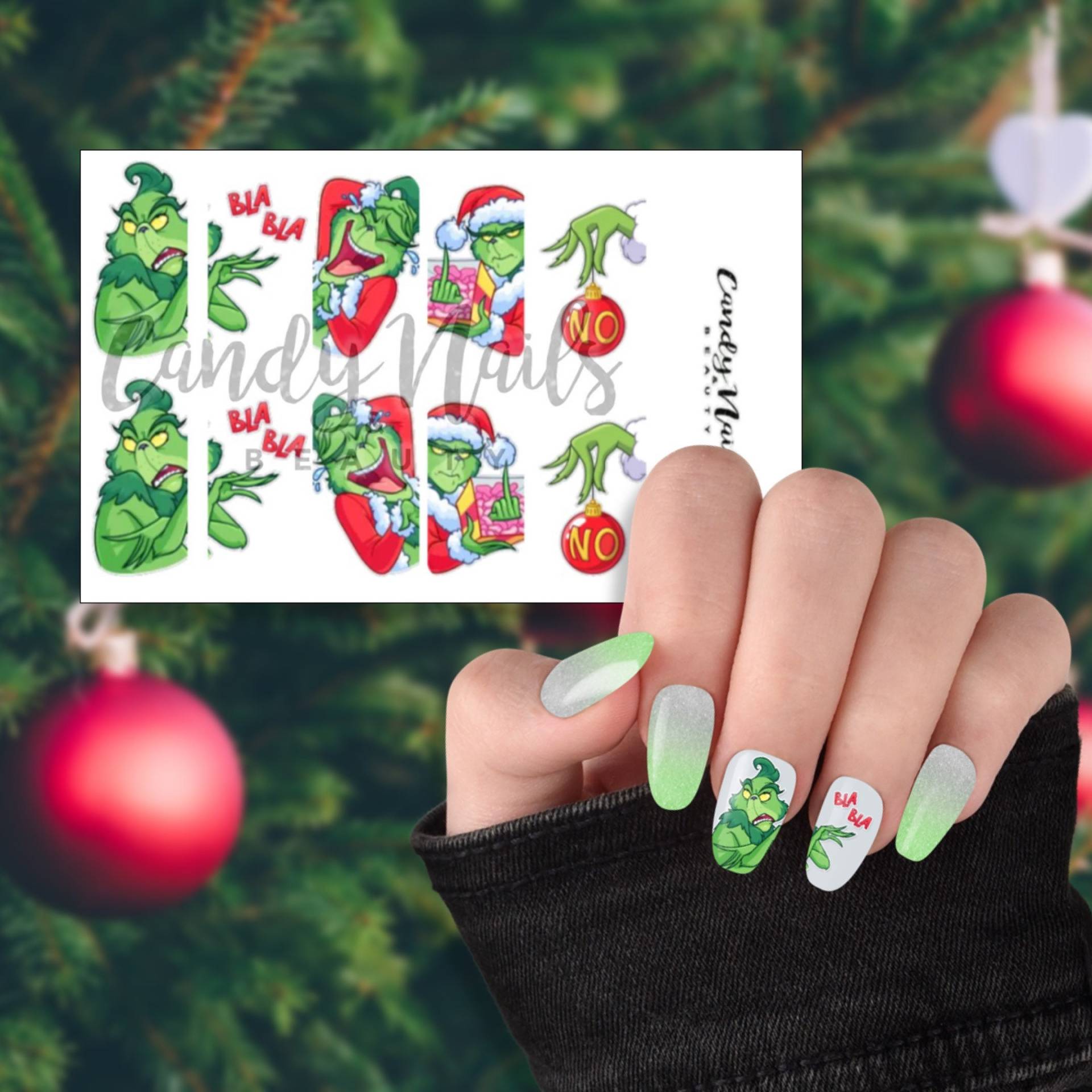 Wasserabziehbild Wasserschiebekunst Nägel Transfers Weihnachten Grün Nageldesign Streifen Zuckerstange von CandyNailsUk