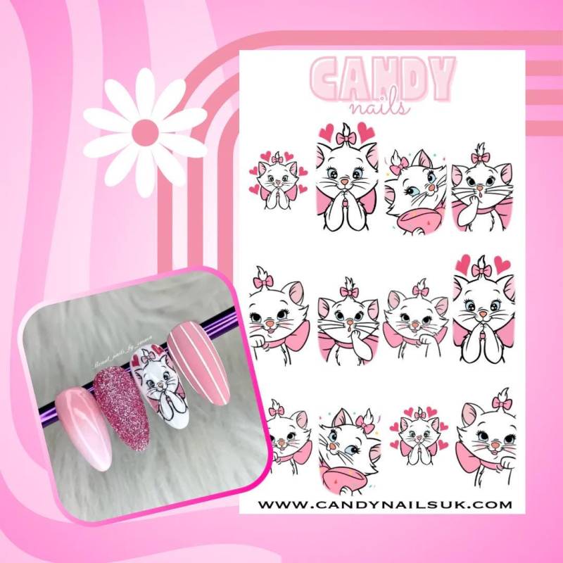 Wasserschiebefolie Nagelabziehbild Süße Weiße Katze Marienblumen von CandyNailsUk