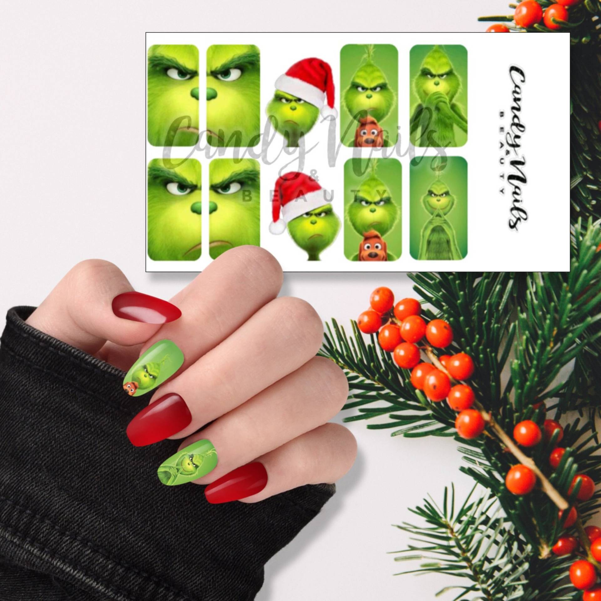 Wassertattoo Slide Art Nägel Transferiert Weihnachten Grinsend Grün Nageldesign Festlich Eins Niedliche Inspiration von CandyNailsUk