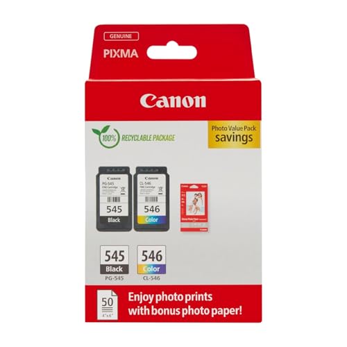 Canon Tinte & Papier Multipack - PG-545/CL-546 Original Drucker-Tintenpatronen 2er-Pack (1 x Schwarz, 1 x Farbe) & 4x6 Fotopapier (50 x Blatt) - Kompatibel PIXMA Druckern von Canon