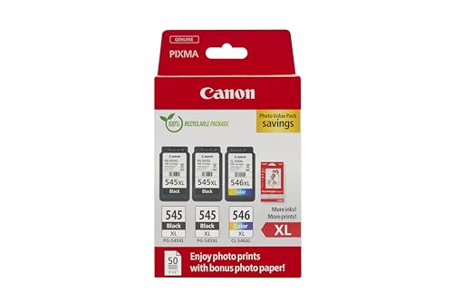 Canon Originaltinte PG-545XL x 2 / CL-546XL (3 Tintenpatronen; 2X Schwarz XL + 1x Farbe XL) - Photo Value Pack (inkl. Canon Fotopapier GP-501 50 Blatt 10x15cm) von Canon