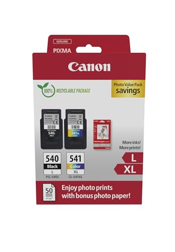 Canon Originaltinte PG540L / CL541XL (2 L/XL Tintenpatronen, 1xL Schwarz+ 1xXL Farbe) - Photo Value Pack (inkl. Canon Fotopapier GP-501 50 Blatt 10x15cm) von Canon