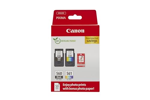 Canon Tinte & Papier Multipack - PG-560/CL-561 Original Drucker-Tintenpatronen 2er-Pack (1 x Schwarz, 1 x Farbe) & 4x6 Fotopapier (50 x Blatt) - Kompatibel PIXMA Druckern von Canon