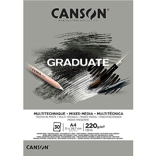 CANSON Graduate, Mixed Media Papier, zweiseitig: gekörnt und glatt, 220 g/m², an der kurzen Seite geleimter Block, DIN A4 21x29,7 cm, Grau, 30 Blatt von Canson