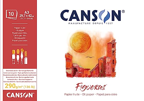 CANSON® FIGUERAS® Künstlerpapier für Öl, Acryl und Ölpastellkreide, Block 10 Blatt A3 29,7x42 cm 290G Langseitenleimung, Weiß von Canson