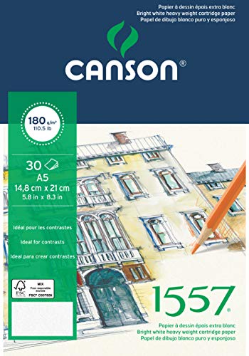 CANSON 1557® Zeichenpapier kopfgeleimt, DIN A5 - 14,8 x 21 cm, 30 Blatt, 180 g/m², leicht gekörnt von Canson