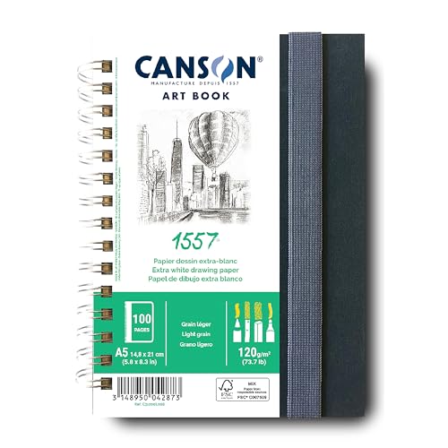 CANSON 1557 Art Book, weißes Zeichenpapier, leichte Körnung, 120 g/m², an der langen Seite spiralgebundenes Notizbuch, DIN A5, 14,8 x 21 cm, Weiß, 50 Blatt von Canson