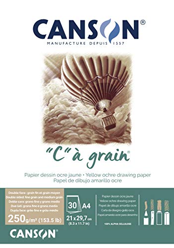 Canson "C à Grain Zeichenblock A4, 250 g, gelber Ocker, 30 Blatt, feine & mittlere Körnung, kurze Seite geleimt, ideal für professionelle Künstler von Canson