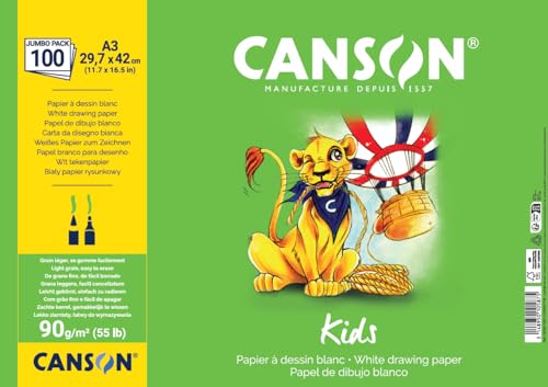 CANSON Kids, weißes Zeichenpapier, leichte Körnung, 90 g/m², Blatt, A3-29,7 x 42 cm, Weiß, 100 Blatt von Canson