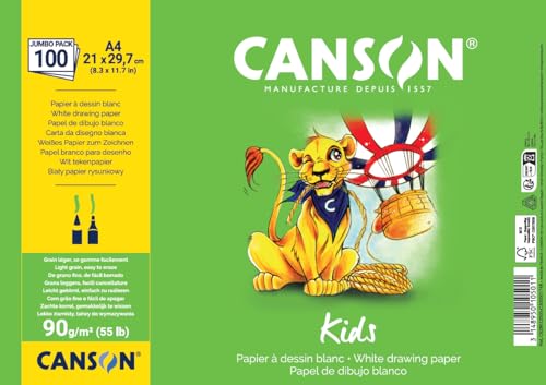 CANSON Kids, weißes Zeichenpapier, leichte Körnung, 90 g/m², Blatt, A4-21 x 29,7 cm, Weiß, 100 Blatt von Canson