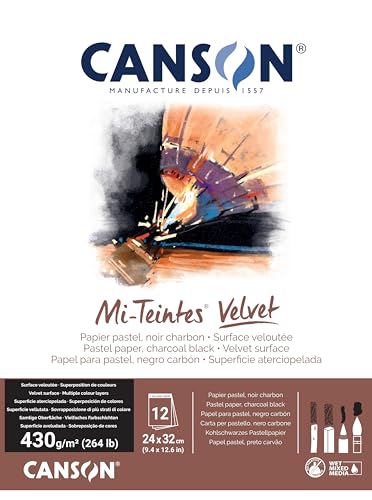 CANSON Mi-Teintes Velvet, Pastellpapier, samtige Oberfläche, 430 g/m², auf der kurzen Seite geleimter Block, 24 x 32 cm, Schwarz, 12 Blatt von Canson