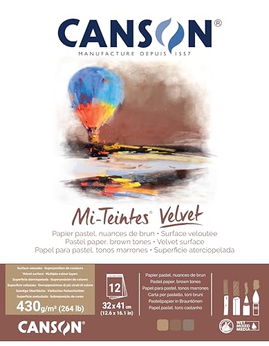 CANSON Mi-Teintes Velvet, Pastellpapier, samtige Oberfläche, 430 g/m², Block auf der kurzen Seite, 32 x 41 cm, 3 Brauntöne, 12 Blatt von Canson