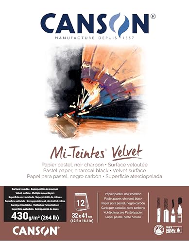 CANSON Mi-Teintes Velvet, Pastellpapier, samtige Oberfläche, 430 g/m², Block auf der kurzen Seite, 32 x 41 cm, Schwarz, 12 Blatt von Canson