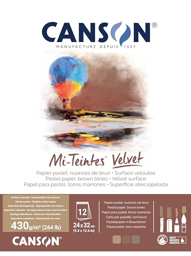 CANSON Mi-Teintes Velvet, Pastellpapier, samtige Oberfläche, 430 g/m², auf der kurzen Seite geleimter Block, 24 x 32 cm, 3 Brauntöne, 12 Blatt von Canson