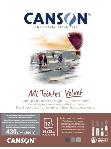 CANSON Mi-Teintes Velvet, Pastellpapier, samtige Oberfläche, 430 g/m², auf der kurzen Seite geleimter Block, 24 x 32 cm, 3 Grautöne, 12 Blatt von Canson