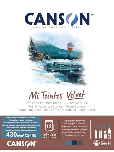 CANSON Mi-Teintes Velvet, Pastellpapier, samtige Oberfläche, 430 g/m², auf der kurzen Seite geleimter Block, 24 x 32 cm, 3 kühle Töne, 12 Blatt von Canson