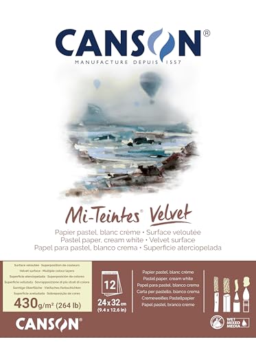 CANSON Mi-Teintes Velvet, Pastellpapier, samtige Oberfläche, 430 g/m², auf der kurzen Seite geleimter Block, 24 x 32 cm, Cremeweiß, 12 Blatt, weiß von Canson