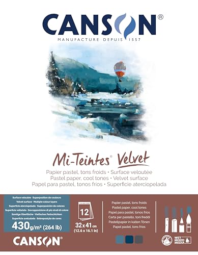 CANSON Mi-Teintes Velvet, Pastellpapier, samtige Oberfläche, 430 g/m², auf der kurzen Seite geleimter Block, 32 x 41 cm, 3 kühle Töne, 12 Blatt von Canson