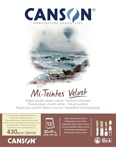 CANSON Mi-Teintes Velvet, Pastellpapier, samtige Oberfläche, 430 g/m², auf der kurzen Seite geleimter Block, 32 x 41 cm, Cremeweiß, 12 Blatt von Canson