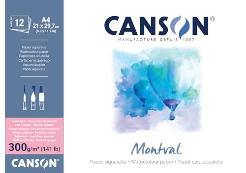 CANSON Montval, Aquarellblock, Satiniert, einseitig geleimt, 300g/m², 12 Blatt, A4 Vollformat 21x29,7cm, weiß von Canson