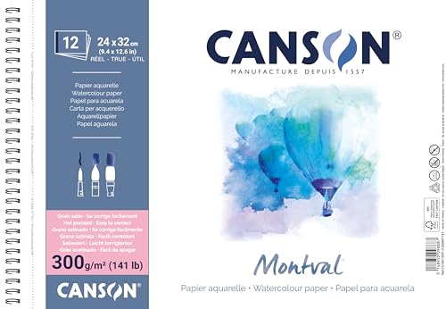 CANSON Montval Aquarellpapier Spiralblock, Satin, 300 g/m², 12 Blatt, 24 x 32 cm von Canson