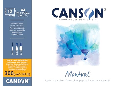 CANSON Montval, Aquarellblock, Fein, einseitig geleimt, 300g/m², 12 Blatt, A4 Vollformat 21x29,7cm von Canson