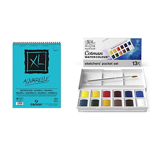 CANSON XL Aquarelle C400039170: Aquarellpapier - Aquarellblock in DIN A4-300g - mit Spiralbindung als Ringbuch, Blau & Winsor & Newton 0390640 Cotman Sketchers Pocket Box Aquarellfarbe von Canson