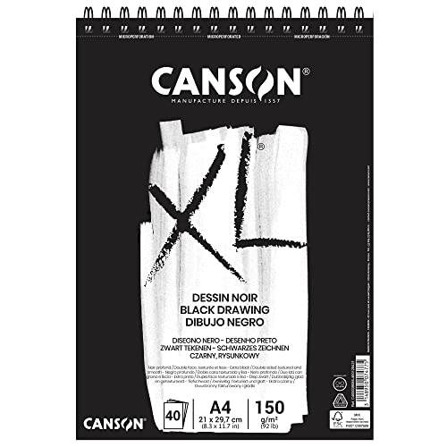 CANSON XL Schwarzes Zeichenpapier, zweiseitig: gekörnt und glatt, 150 g/m², an der kurzen Seite spiralgebundener Block, DIN A4 21 x 29,7 cm, Schwarz, 40 Blatt von Canson