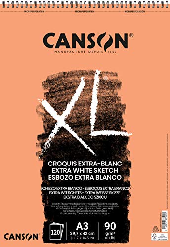 CANSON XL Extra White Sketch 90 A3 Papier, feine Körnung, Spiralblock, kurze Seite, 120 Blatt, ideal für professionelle Künstler & Illustratoren von Canson