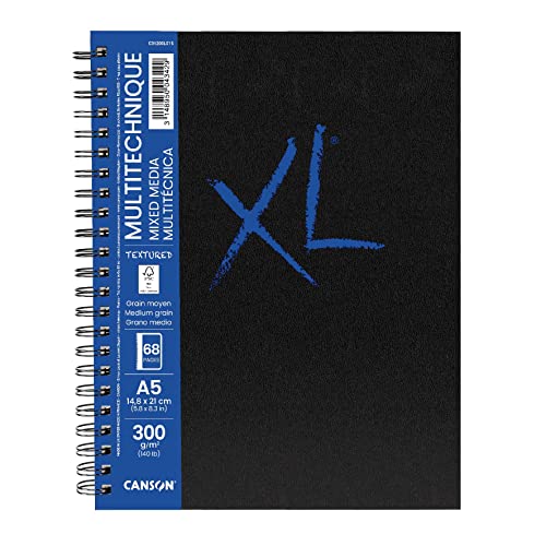 CANSON XL Mixed Media Textured Book, Mixed Media Papier, Mittlere Körnung, 300 g/m², an der langen Seite Spiralgebundes Buch, DIN A5, 14,8 x 21 cm, Weiß, 34 Blatt von Canson